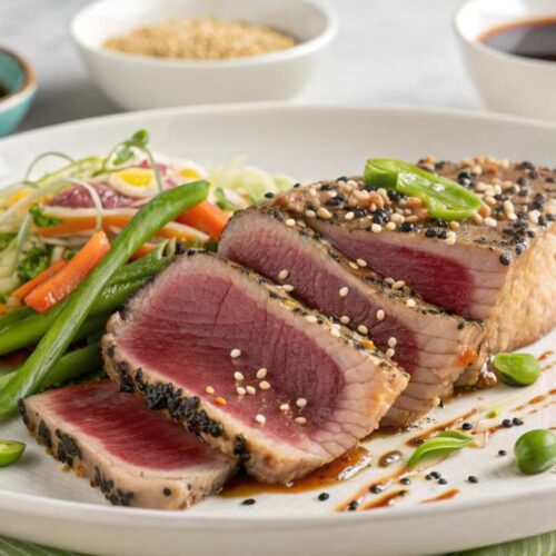 Sliced seared ahi tuna with sesame seeds, served with stir-fried vegetables and soy dipping sauce on a white plate