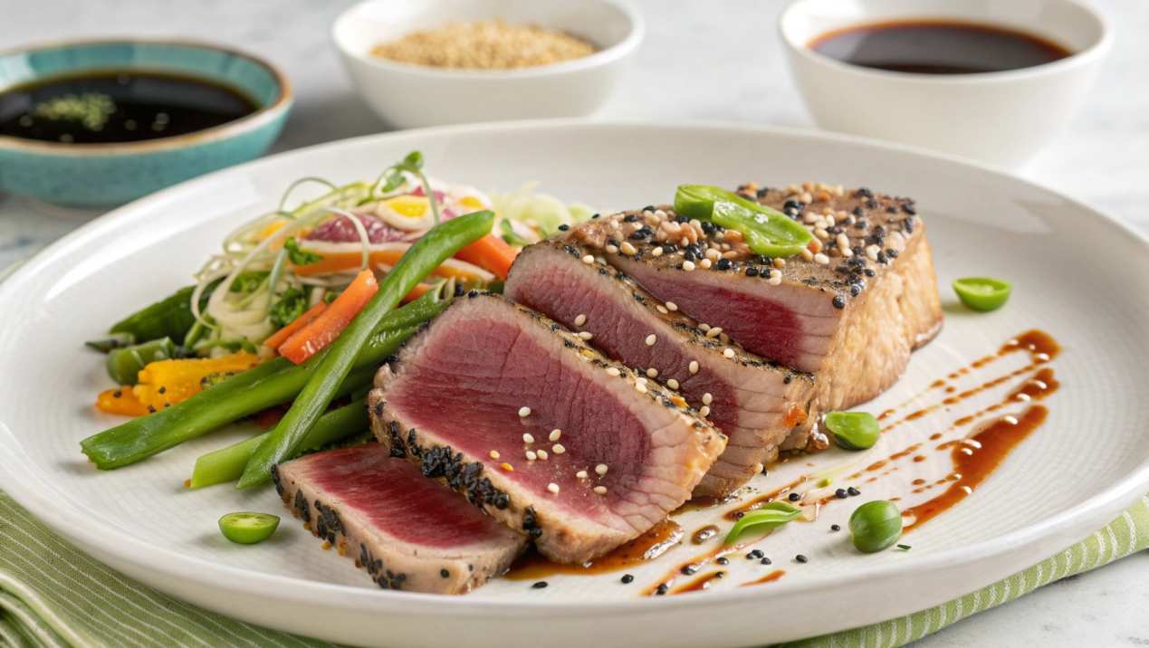 Sliced seared ahi tuna with sesame seeds, served with stir-fried vegetables and soy dipping sauce on a white plate