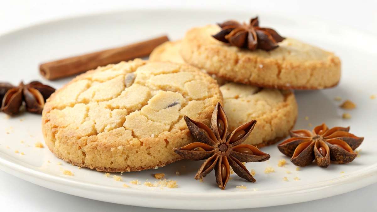 Freshly baked anise cookies on a white plate with whole star anise and cinnamon stick