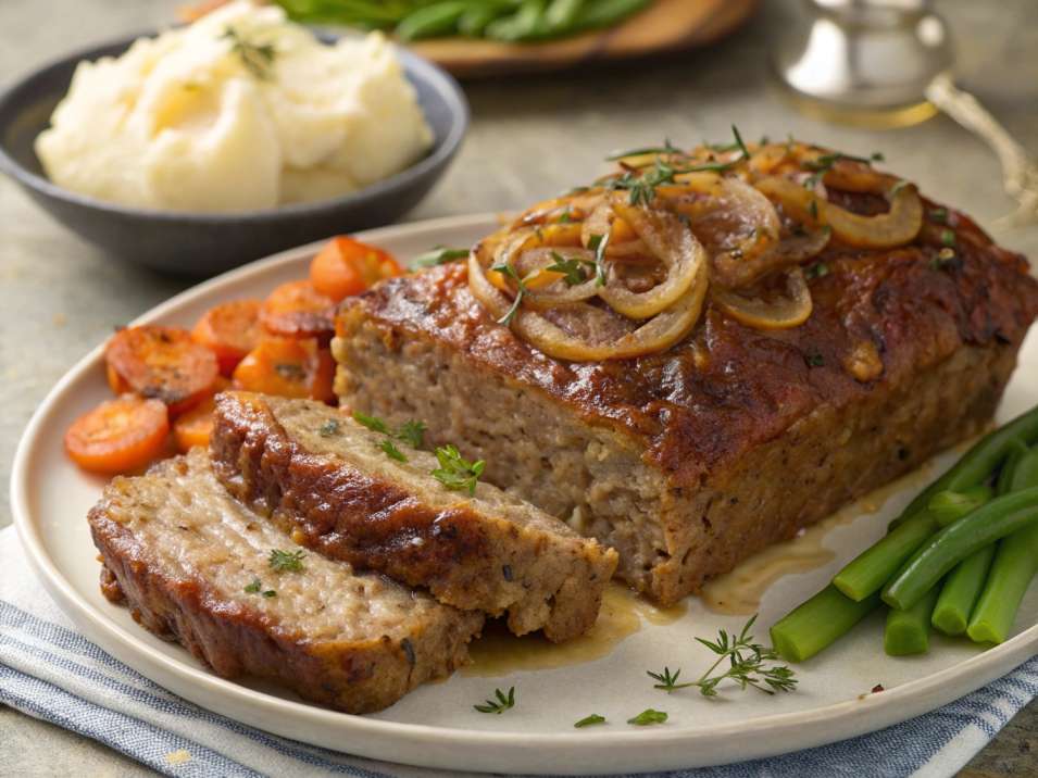 Sliced French onion meatloaf topped with caramelized onions, served with carrots, green beans, and mashed potatoes.