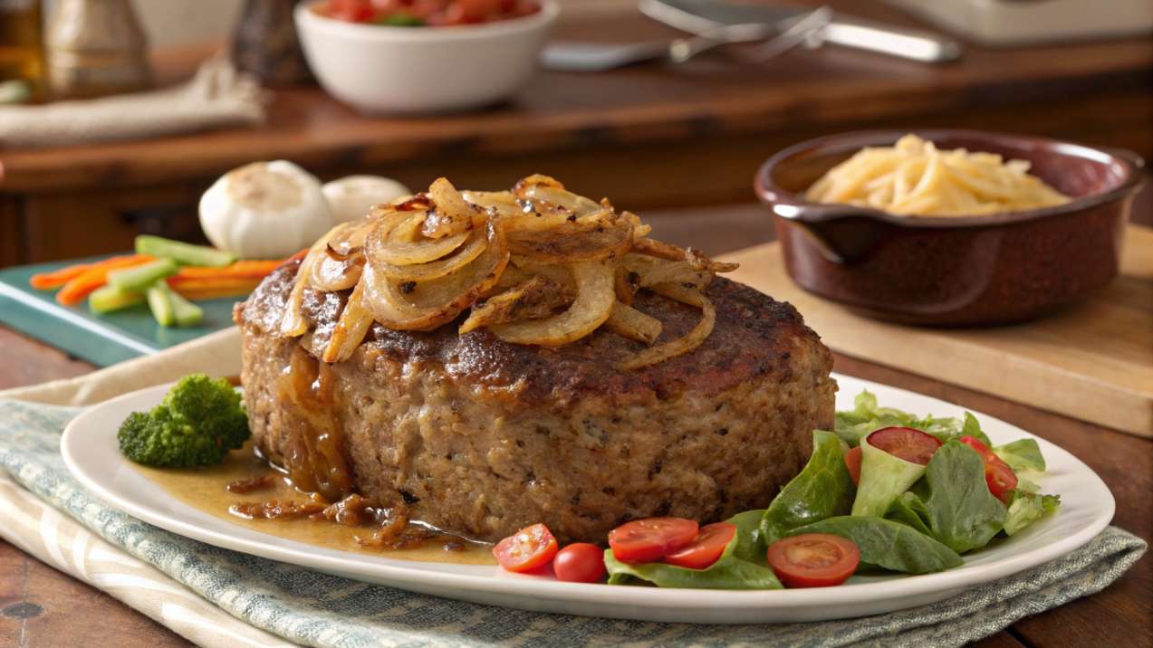 Whole French onion meatloaf topped with caramelized onions, served with fresh salad, cherry tomatoes, and steamed broccoli.