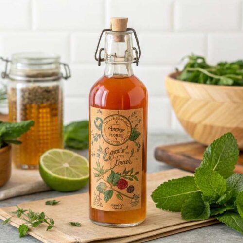 A glass bottle of herbal cordial with fresh herbs and lemon slices on a rustic kitchen counter