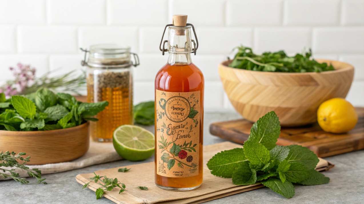 A glass bottle of herbal cordial with fresh herbs and lemon slices on a rustic kitchen counter
