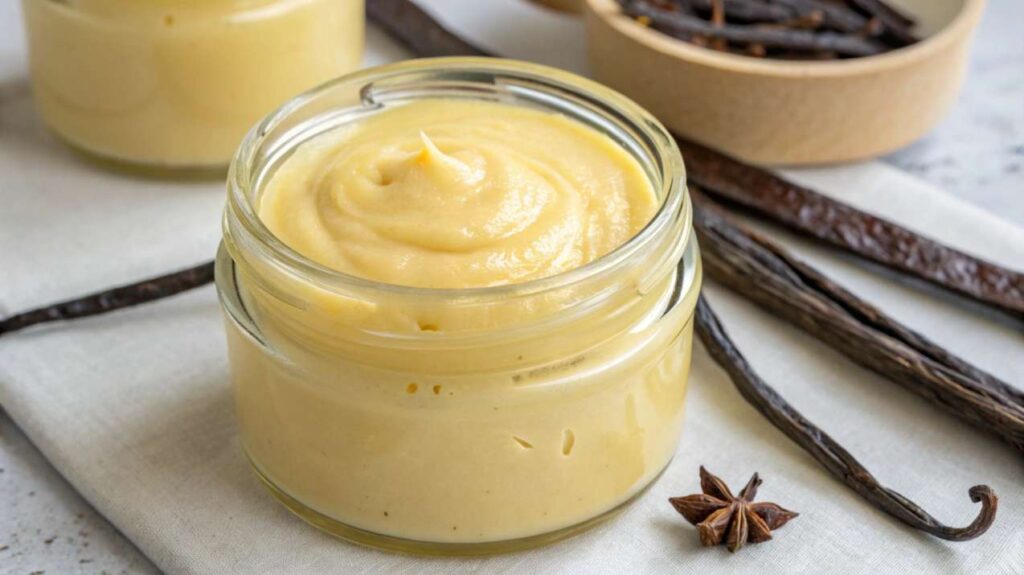 reamy homemade vanilla paste in a glass jar with vanilla beans and star anise on a linen napkin