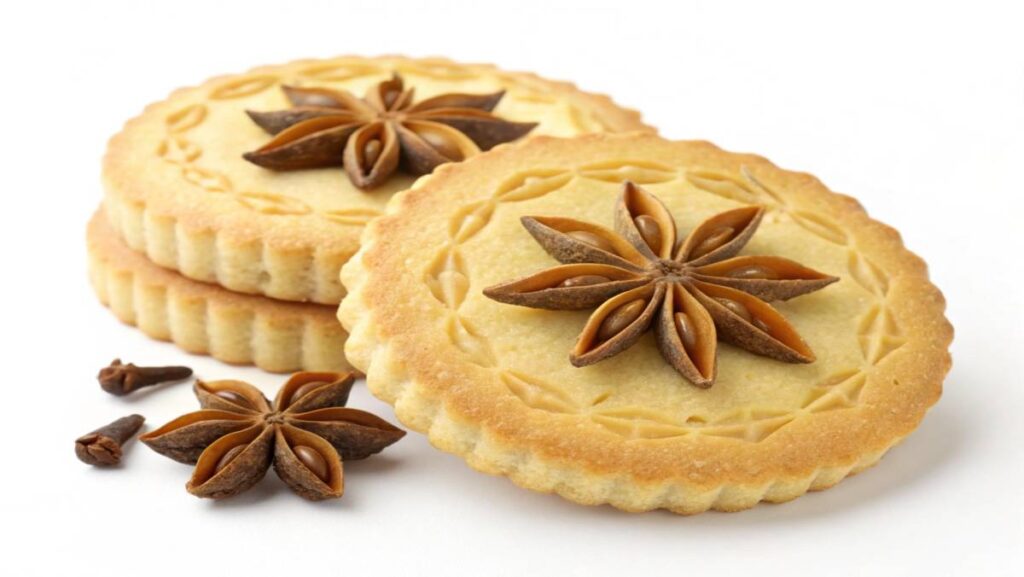 Golden anise cookies topped with whole star anise and detailed edge designs, arranged on a white background