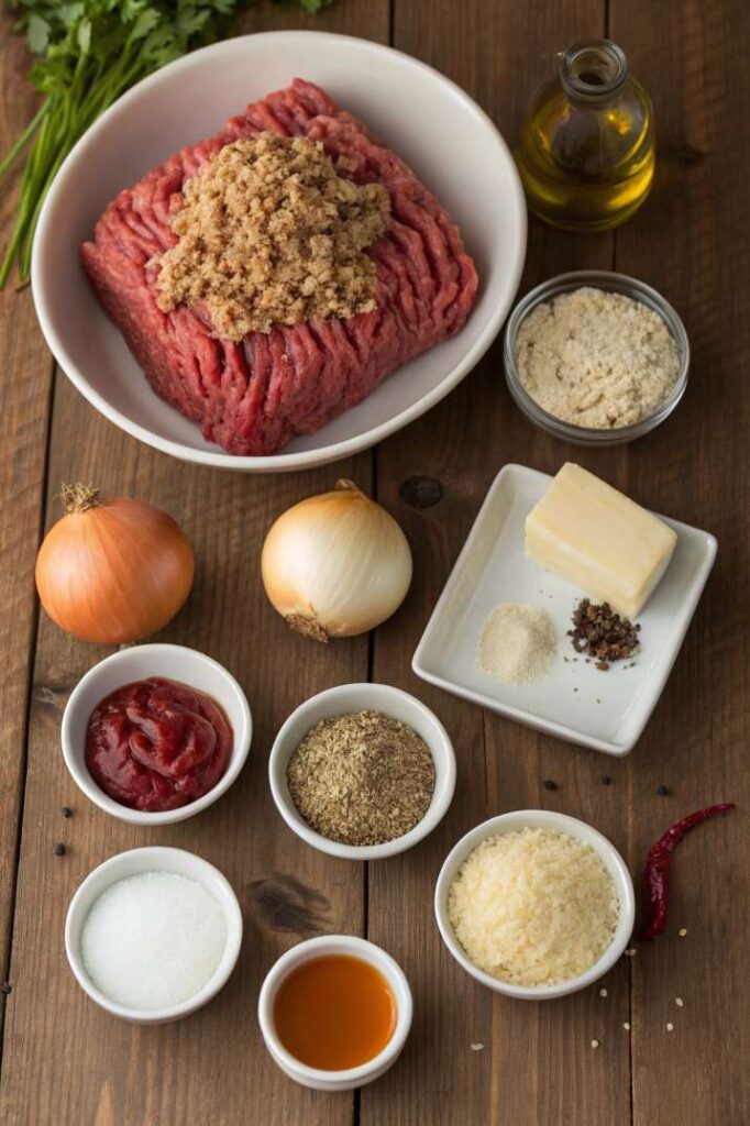 Overhead view of raw meatloaf ingredients including ground beef, breadcrumbs, onions, tomato paste, cheese, herbs, and spices arranged on a wooden surface.