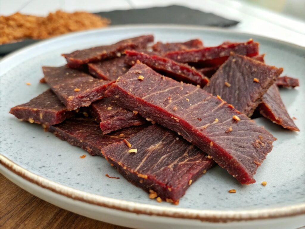 Homemade ground venison jerky strips displayed on a rustic wooden table with a natural light backdrop, highlighting the texture and rich color of the jerky.