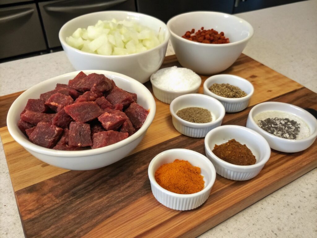 Close-up of freshly made ground venison jerky strips arranged on a plate, with a rustic background emphasizing their smoky texture and rich brown color