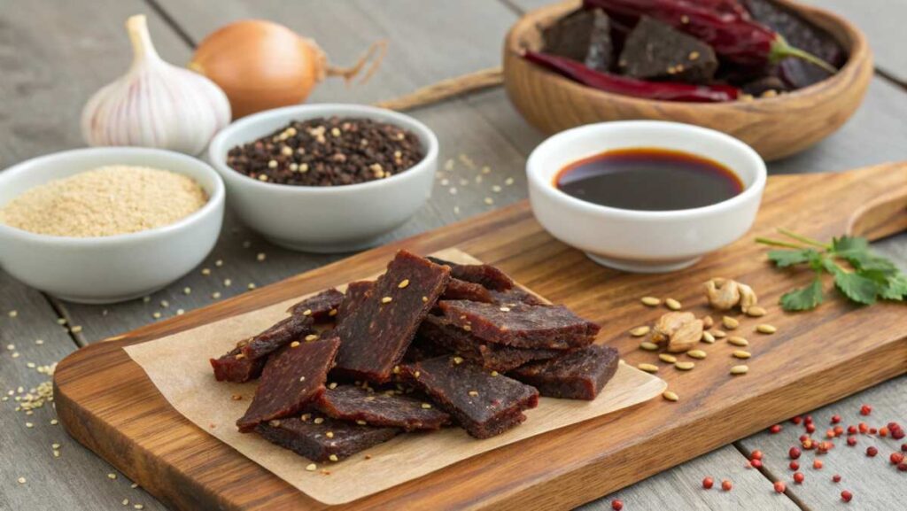 Close-up of homemade ground venison jerky strips arranged on a wire rack with a rustic wooden background, showcasing the dark, smoky texture.