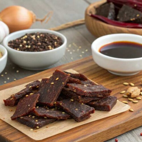 Close-up of homemade ground venison jerky strips arranged on a wire rack with a rustic wooden background, showcasing the dark, smoky texture.