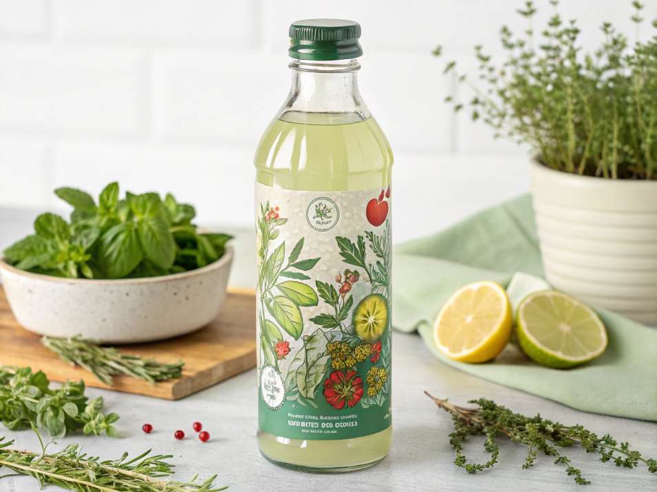 Close-up of herbal cordial being poured into a glass with herbs and citrus