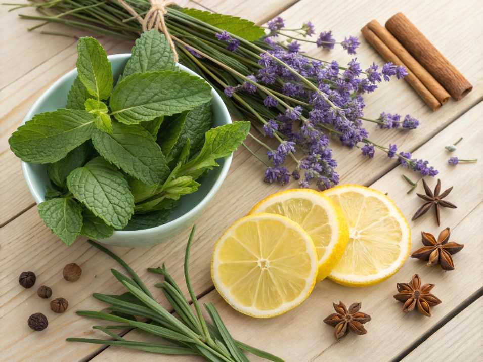 Glass bottle of homemade herbal cordial with fresh herbs and lemon slices
