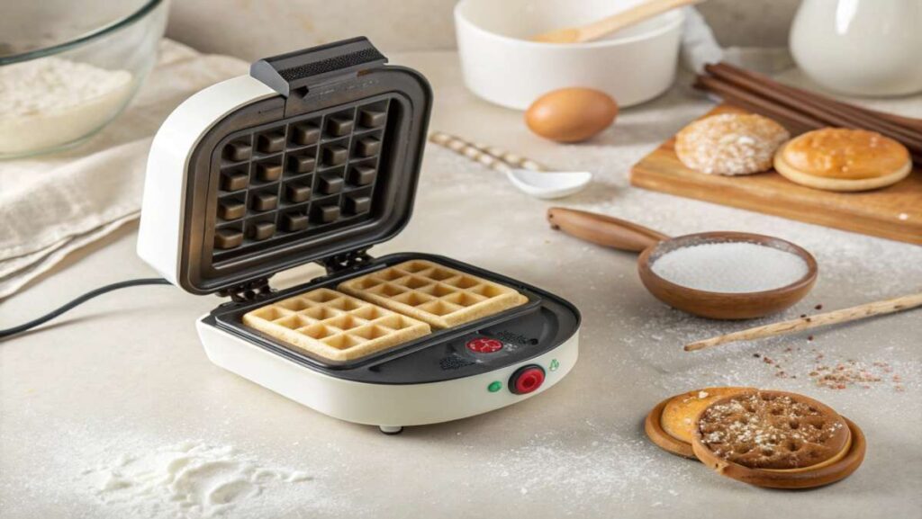 Mini waffle bar setup with toppings like berries, chocolate sauce, yogurt, and granola beside an open waffle maker.