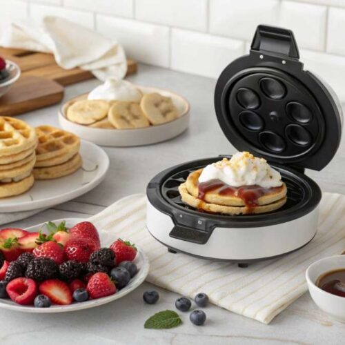 Mini waffle maker preparing golden waffles topped with whipped cream and syrup, surrounded by fresh berries and toppings on a kitchen counter.