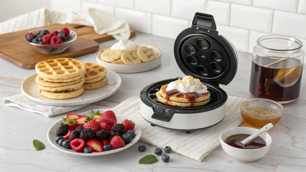 Mini waffle maker preparing golden waffles topped with whipped cream and syrup, surrounded by fresh berries and toppings on a kitchen counter.