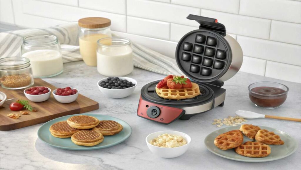 Mini waffle maker surrounded by fresh ingredients, toppings, and golden waffles on a kitchen counter.