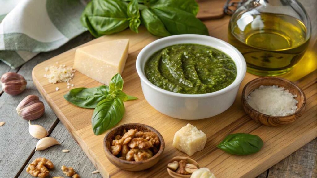 Bowl of rustic basil pesto with Parmesan, garlic, and pine nuts