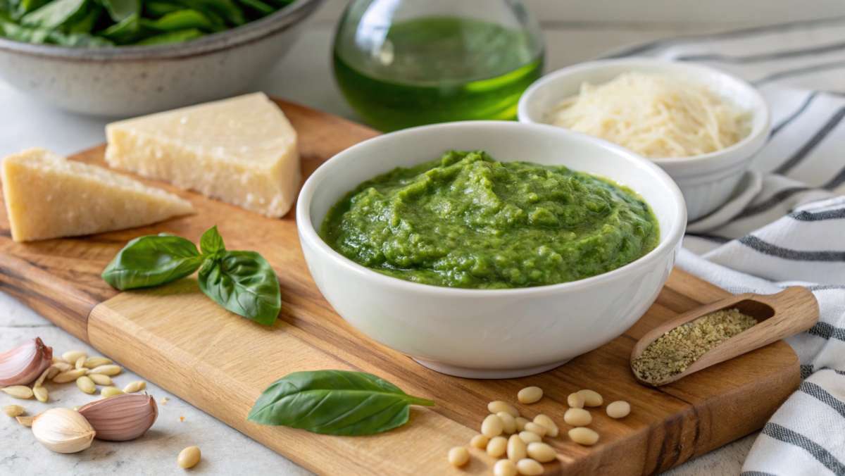 Fresh green pesto-recipe-without-pine-nuts in a white bowl with Parmesan, basil, and garlic