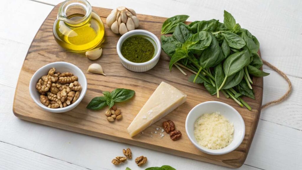 Creamy green pesto recipe without pine nuts
with garlic, basil, and dairy-free ingredients