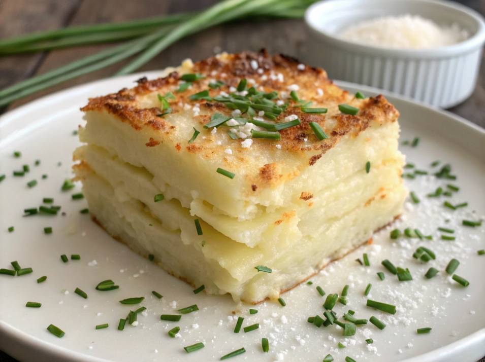Rustic potato pave in a white dish, garnished with thyme and baked to golden perfection