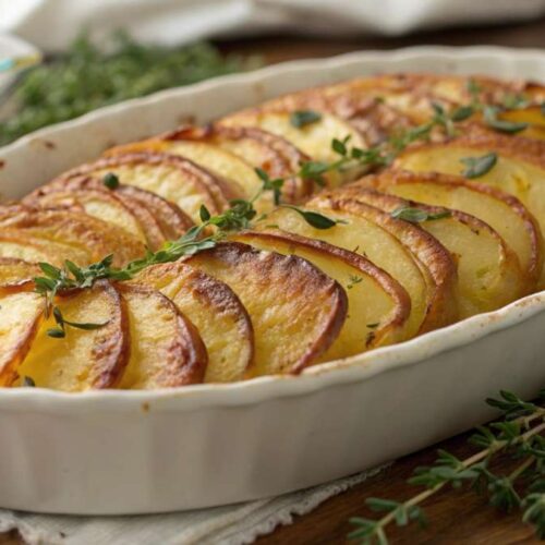 Thinly sliced potato pave baked until golden brown, garnished with fresh thyme in a white ceramic dish