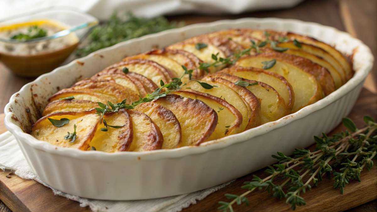 Thinly sliced potato pave baked until golden brown, garnished with fresh thyme in a white ceramic dish