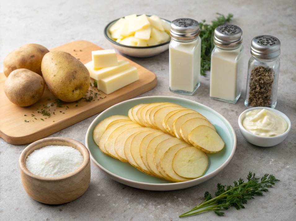 Golden-baked potato pave with crispy edges and fresh herbs in a white baking dish