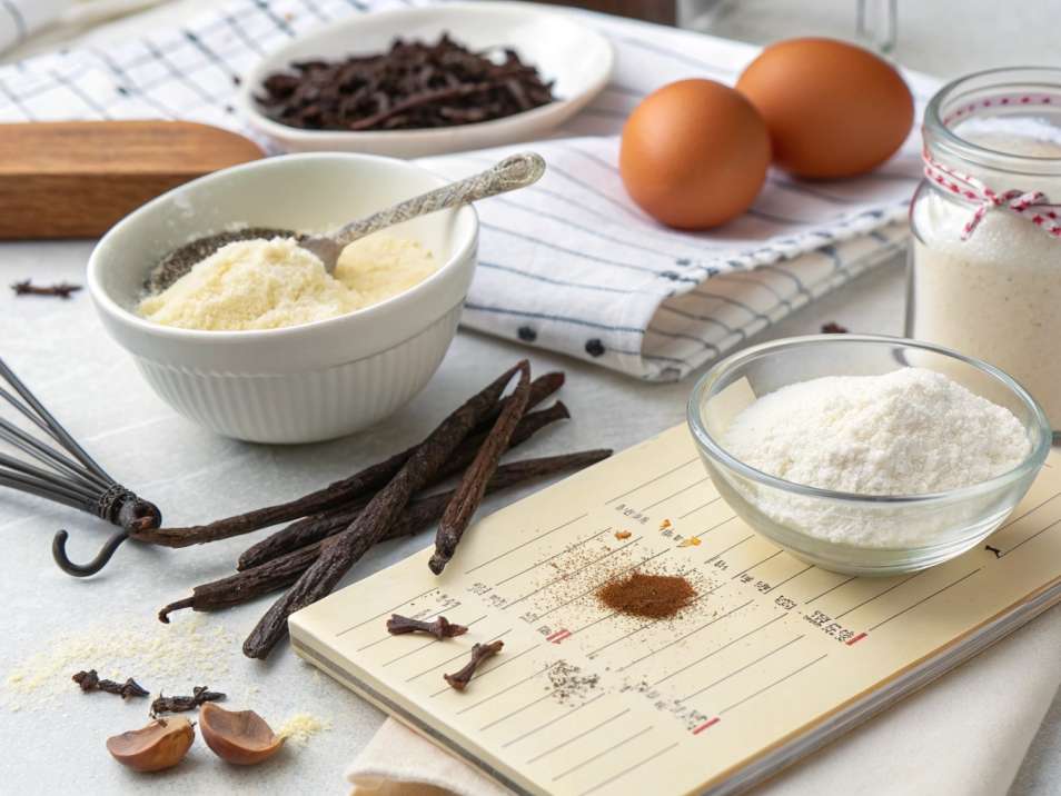 Vanilla paste ingredients including eggs, vanilla beans, sugar, flour, and spices arranged on a kitchen counter with a recipe notebook