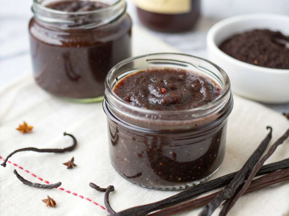 Close-up of homemade vanilla bean paste in small glass jars with vanilla pods and star anise on a white cloth