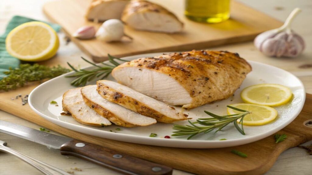 Perfectly cooked easy chicken recipe sliced to show juicy interior with herbs