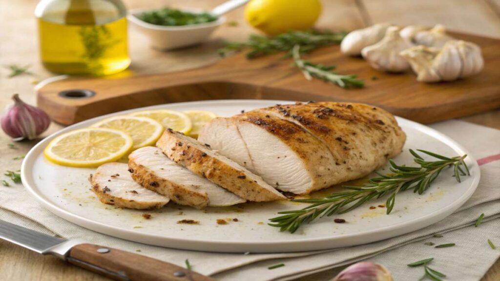 Close-up of crispy-skinned easy chicken recipe with steam rising