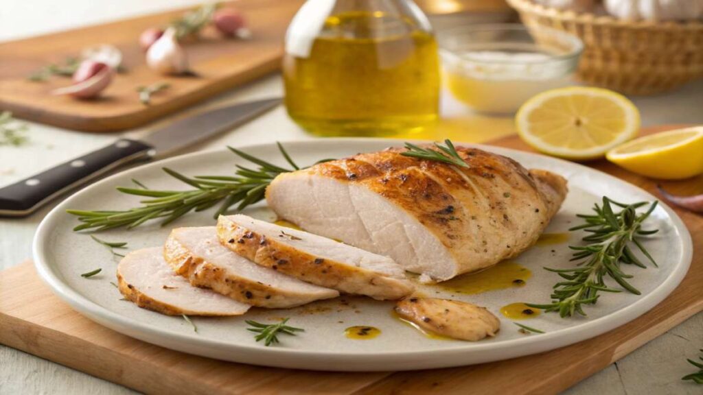 Three versions of easy chicken recipe with different seasonings on wooden board