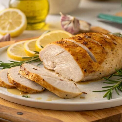 Golden-brown easy chicken recipe with rosemary and lemon slices on white plate