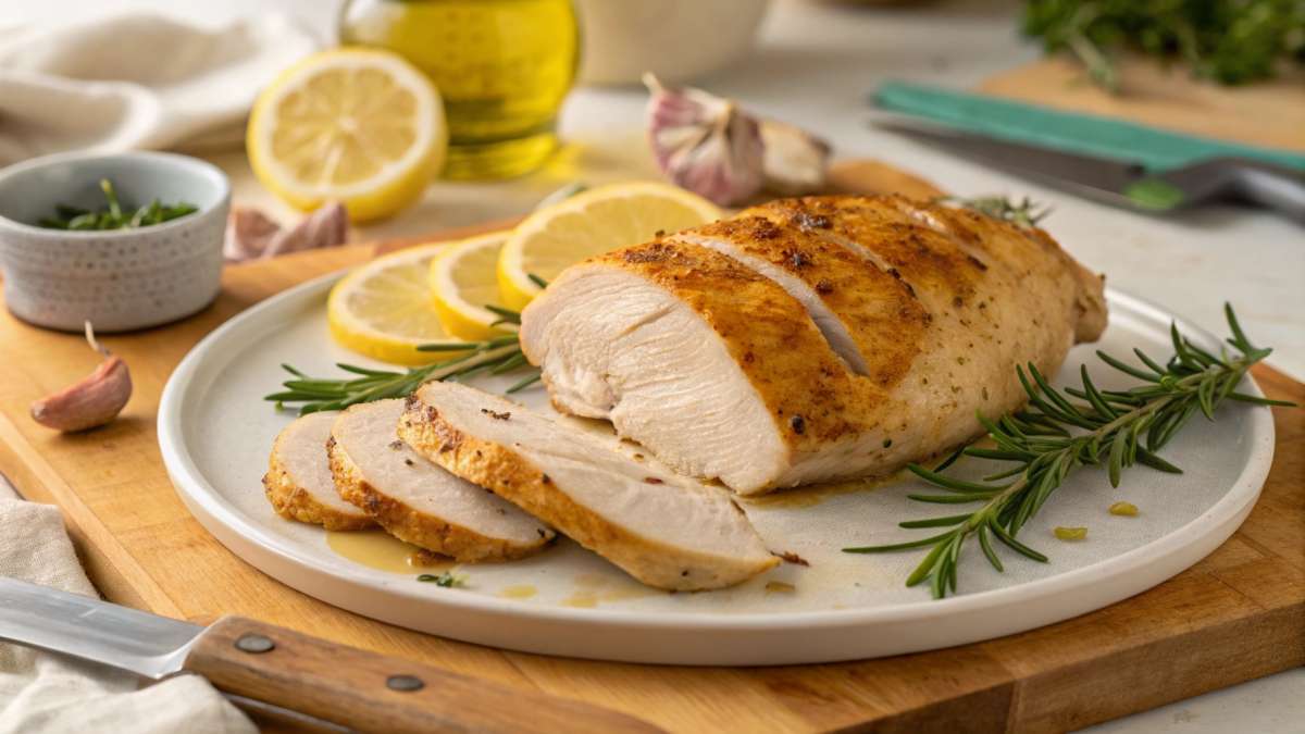 Golden-brown easy chicken recipe with rosemary and lemon slices on white plate