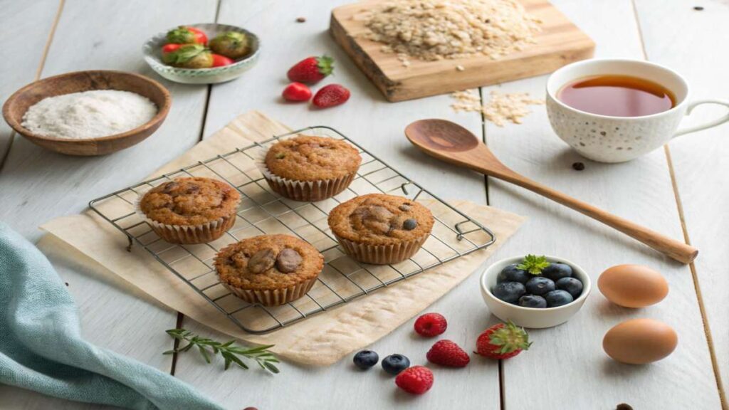 Flat lay of almond flour, coconut oil, eggs, and berries for a paleo recipe