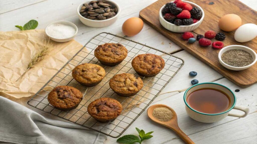 Paleo muffins served on a plate with a cup of herbal tea on a rustic table