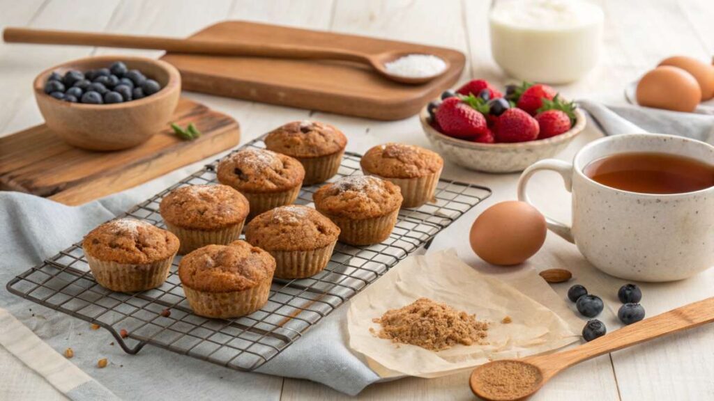 A batch of gluten-free, paleo recipe muffins cooling on a wire rack in a rustic kitchen