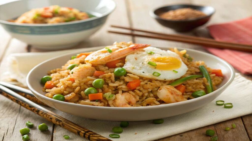 Homemade fried rice with shrimp, eggs, and vegetables served in a bowl