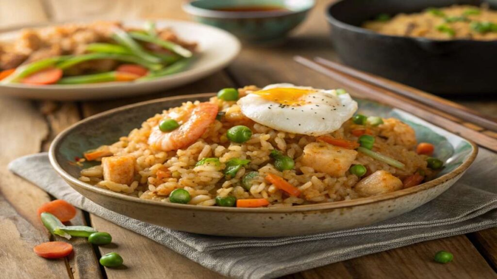 Three glass meal prep containers filled with homemade fried rice