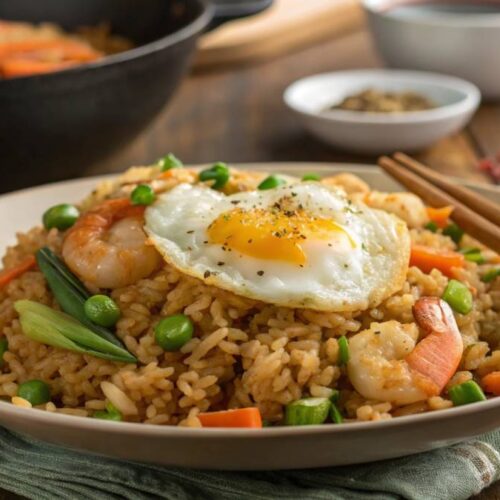 Day-old rice, vegetables, eggs, and sauces arranged for making crispy fried rice at home