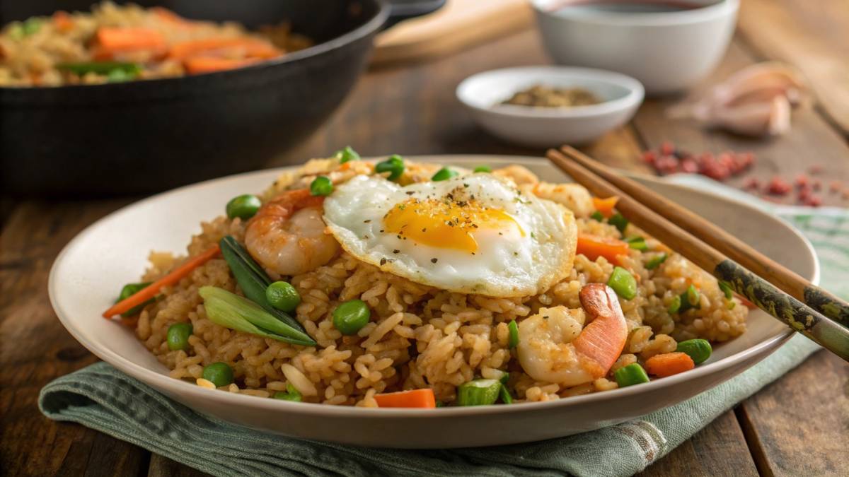 Day-old rice, vegetables, eggs, and sauces arranged for making crispy fried rice at home