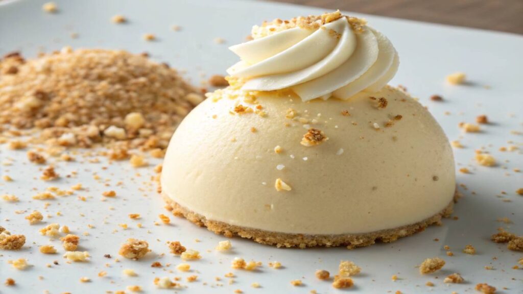 Dome-shaped cheesecake topped with whipped cream and cookie crumbs