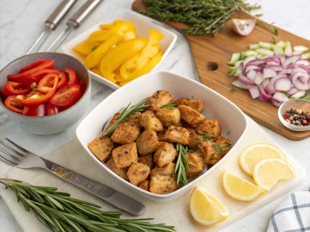 Tender grilled chicken nuggets seasoned with smoked paprika, arranged on a wooden cutting board with fresh herbs, avocado slices, and a bowl of tangy BBQ dipping sauce. Quick homemade Chick-fil-A copycat recipe for busy weeknights