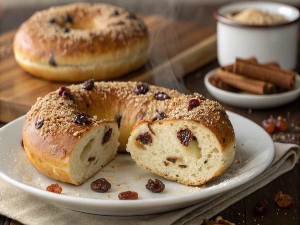 Sliced cinnamon raisin bagel on a white plate with visible raisins and crumb topping