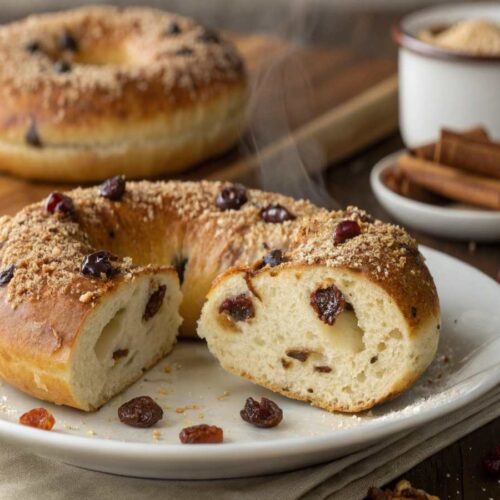 Sliced cinnamon raisin bagel on a white plate with visible raisins and crumb topping