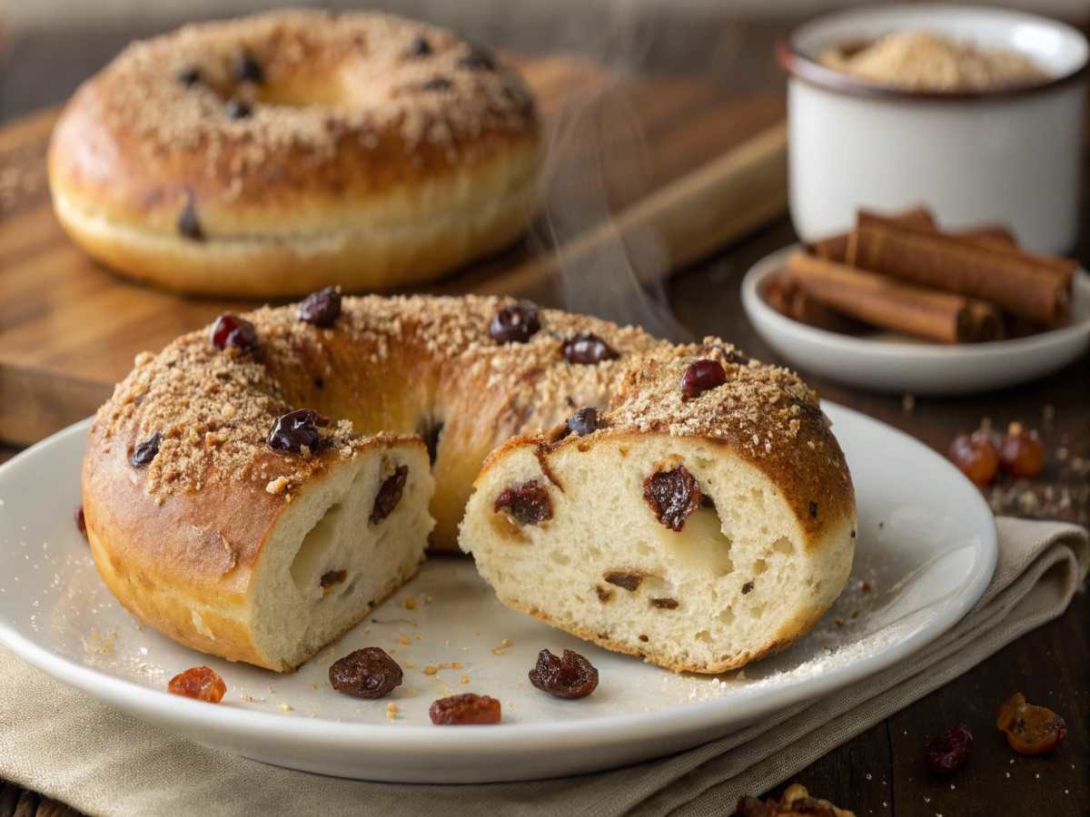 Sliced cinnamon raisin bagel on a white plate with visible raisins and crumb topping