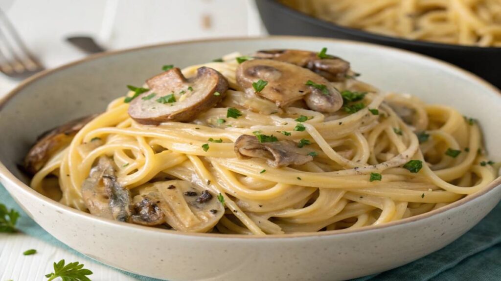 Creamy garlic mushroom pasta served to kids, with fun fork twirls
