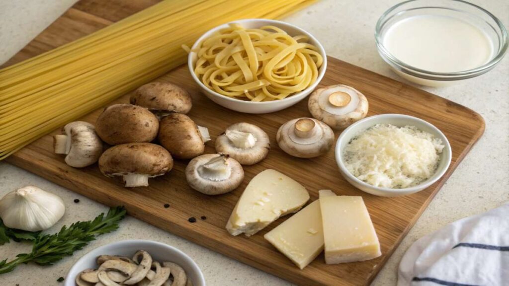 Dairy-free creamy garlic mushroom pasta with coconut milk sauce, garnished with fresh herbs