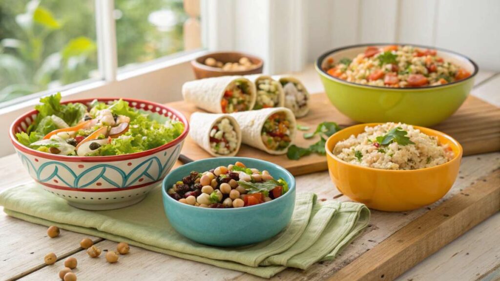 easy cheap lunch recipes. Colorful bowl of rice and bean salad with fresh vegetables