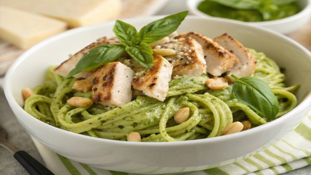 Spaghetti with green pesto, sliced chicken, and toasted pine nuts